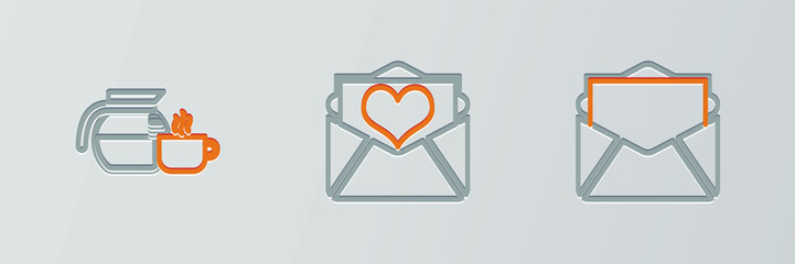 Sticker - Set line Mail and e-mail, Coffee pot with cup and Envelope Valentine heart icon. Vector