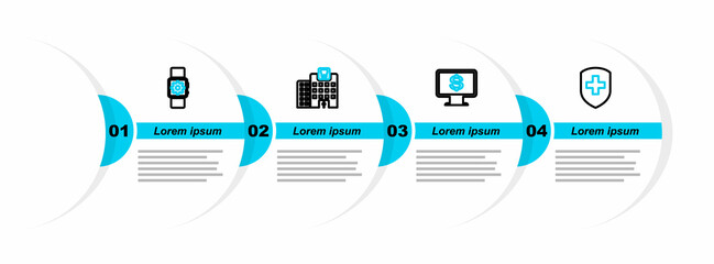 Sticker - Set line Medical shield with cross, Monitor dollar, Dental clinic and Smartwatch setting icon. Vector