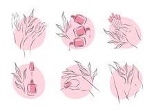 Set Of Elements And Icons For Nail Studio. Nail Polish, Nail Brush, Manicured Female Hands And Legs. Vector Illustrations