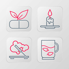 Poster - Set line Cup of tea and leaf, Scented spa stick, Aroma candle and Medical pill with plant icon. Vector