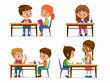 © Microstocker.Pro - A set of schoolchildren sitting behind desks and studying, playing and talking. Group of kids in school with books, pencils and crayons. Cartoon style vector illustration isolated on white background.