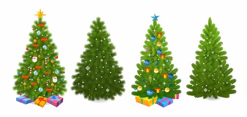 set of ornate christmas trees in cartoon style isolated on white background. decorated new year gree
