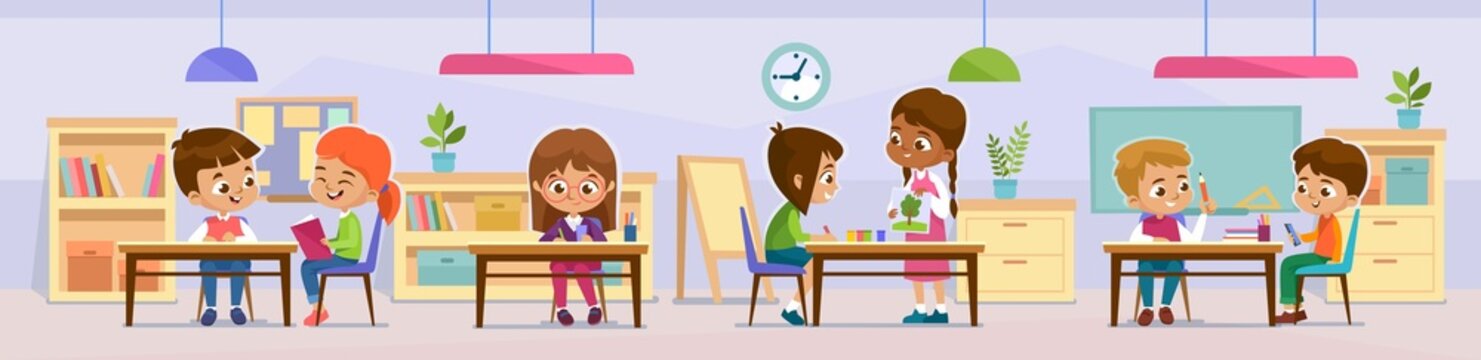 Wall Mural - A diverse group of children, boys and girls, studying and playing in a classroom. School class or kindergarten interior with kids sitting behind desks. Cartoon style vector illustration.