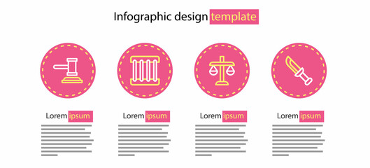 Poster - Set line Scales of justice, Military knife, Prison window and Judge gavel icon. Vector