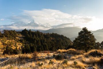 Canvas Print - View of Annapurna mountain range from Poon Hill on sunrise. It's the famous view point in Gorepani village in Annapurna conservation area, Nepal.