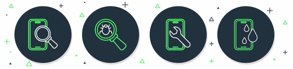 Sticker - Set line System bug, Mobile service, Phone repair and Waterproof phone icon. Vector