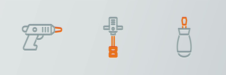 Poster - Set line Screwdriver, Electric cordless screwdriver and Electrical hand concrete mixer icon. Vector