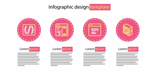 Set line Page with a 404 error, Computer, Software and Programming language syntax icon. Vector