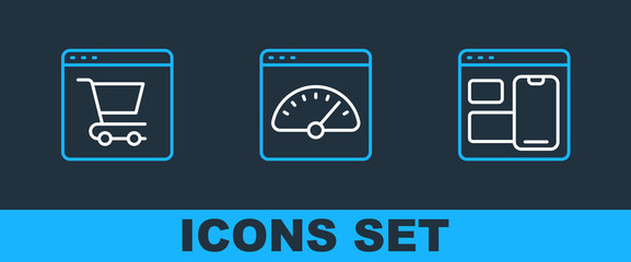 Set line Web developer programming code, Online shopping on screen and Digital speed meter icon. Vector