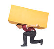 © milkovasa - The courier falls under the weight of a large package, isolated on a white background.