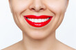© Марина Демешко - Cropped shot of young caucasian smiling woman with the perfect even teeth isolated on a white background. Beautiful Hollywood smile with red lipstick. Teeth whitening. Oral hygiene, dental health care