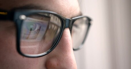 Side Close Up Reflection Graphics Diagrams Businessman Male Glasses Work 4k Office Routine Laptop Hacker.