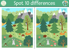 Find Differences Game For Children. Ecological Educational Activity With Cute Nature Forest Scene, Animals. Earth Day Puzzle For Kids. Eco Awareness Printable Worksheet With Endangered Animal.