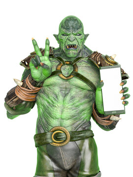 orc warrior holding a cellphone and doing a peace and love pose