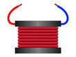 Grafika wektorowa przedstawiająca wizualizację cewki indukcyjnej. Widoczne są zwoje drutu miedzianego, u góry dwa przewody koloru czerwonego i niebieskiego.