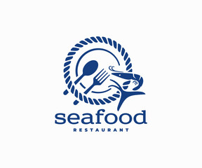 Seafood restaurant logo design. Vector design of an sea rope, plate, fork, spoon and marine life. Fresh ocean food, tuna fish and shrimp logotype