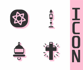 Wall Mural - Set Christian cross, Tarot cards, Ringing alarm bell and Burning candle icon. Vector