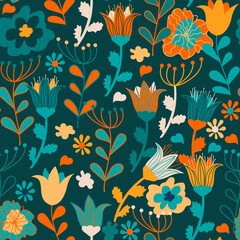 seamless pattern with colorful pretty flowers, leaves and floral elements, raster version. floral co