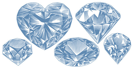 Faceted diamonds. Design set. Editable hand drawn illustration. Vector vintage engraving. 8 EPS