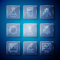 Wall Mural - Set line Biosafety box, Microscope, Genetic engineering modification, Experimental insect, Plant breeding, Chemical formula, Test tube and flask and Bacteria icon. Vector