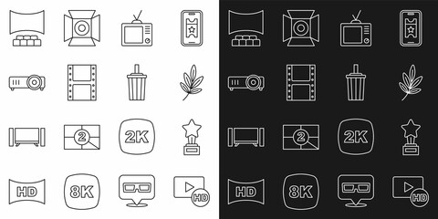 Sticker - set line hd movie, tape, frame, movie trophy, retro tv, play video, movie, film, media projector, ci