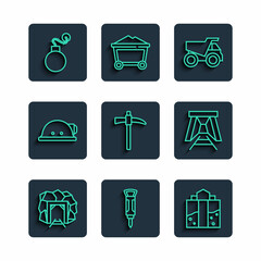 Sticker - Set line Mine entrance, Construction jackhammer, Mining dump truck, Pickaxe, Miner helmet, Bomb and icon. Vector