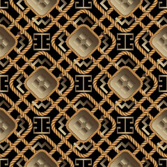 Textured traditional greek 3d seamless pattern. Gold luxury vector background. Patterned repeat backdrop. Geometric rhombus ornaments. Colden ropes frames. Modern beautiful design. Surface 3d texture