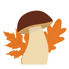 Wall Mural - mushroom and autumn leaves in flat design, isolated