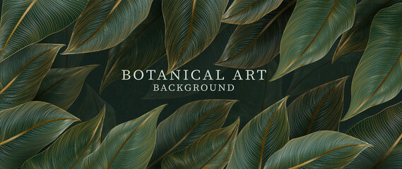 Wall Mural - luxury botanical art background with tropical green leaves with golden elements in line style. desig