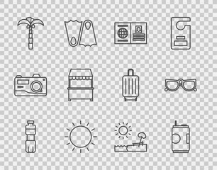 Poster - Set line Bottle of water, Soda can, Passport, Sun, Tropical palm tree, Street stall with awning, Beach umbrella and chair and Glasses icon. Vector