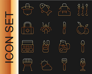 Wall Mural - Set line Wine glass, Spoon, Fruit, Kitchen apron, Mosquito, First aid kit, Camping hat and Knife icon. Vector