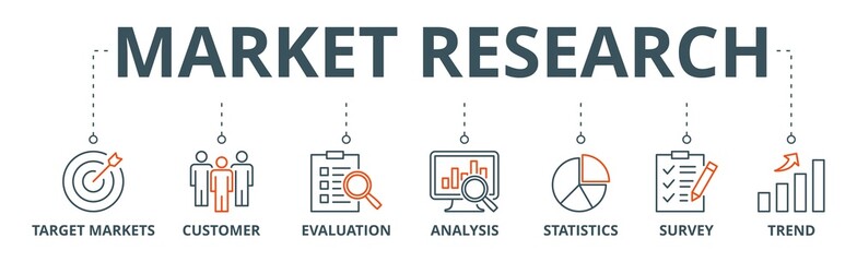 Market research banner web icon vector illustration concept with icon of target markets, customer, evaluation, analysis, statistics, survey and trend