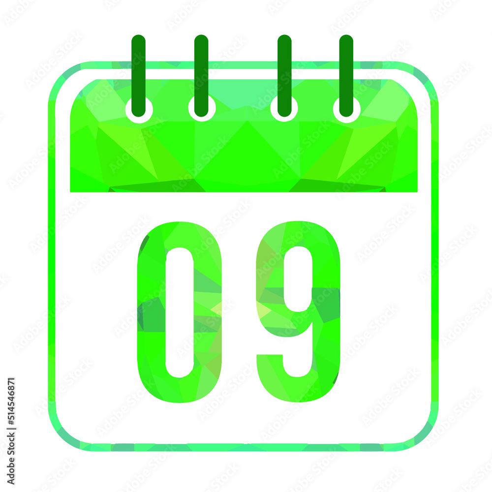 Calendar day 09. Number nine on a white paper with modern green border ...