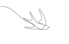 Continuous One Line Drawing Of A Swallow Flying. Bird In Flight Isolated On A Transparent Background. Line Art In One Continuous Line A Bird In Flight. A Swallow Flies In Doodle Style.