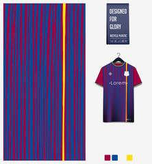 Soccer jersey pattern design. Blue vertical stripes pattern on red background for soccer kit, football kit, sports uniform. T-shirt mockup template. Fabric pattern. Abstract background. 