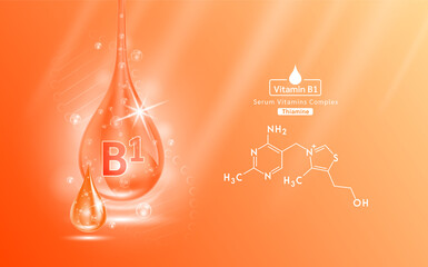 Serum vitamin B1 liquid gel drop and structure. Collagen complex with chemical formula from nature skin care vitamins. Medical scientific concept. On orange background 3D realistic vector EPS10.