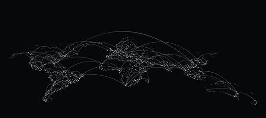 world map and its parts connected together with dots and lines on a black background. concept of con