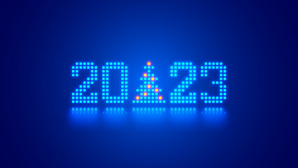Aufkleber - 2023 digits, Christmas tree consist glowing pixels in technology style on blue background. New Year card or digital tech calendar poster. Logo of 2023 year hanging over reflection polished surface.