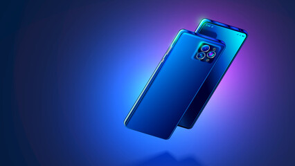 Leinwandbilder - Phone hangs above mirror surface. Smartphone rotated or turned by camera. Smartphone camera close-up view. objective lens effect on glass of mobile cell. Shiny modern phone in neon lights background.