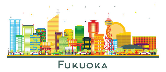 Wall Mural - Fukuoka Japan City Skyline with Color Buildings Isolated on White.