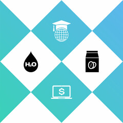 Wall Mural - Set Water drop with H2O, Laptop dollar, Graduation cap on globe and Coffee beans in bag icon. Vector