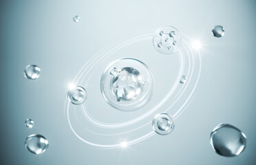 Wall Mural - cosmetic moisturizer water molecule, Cosmetic Essence, Liquid bubble, Molecule inside Liquid Bubble on water background