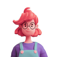 Portrait Of Funny Casual Red-haired Girl In Glasses Wears Green Overalls Purple T-shirt. Bright Portrait Of Teenage Character. Young Woman Avatar In Minimal Style. 3d Render Isolated On White Backdrop