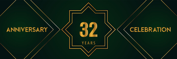 32 years anniversary celebration with gold number isolated on a dark green background. Premium design for marriage, graduation, birthday, brochure, poster, banner, and ceremony. Anniversary logo.
