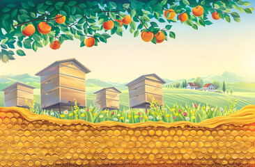 Wall Mural - Bee apiary with honeycomb in the foreground against the background of a rural landscape with a village. Raster illustration.