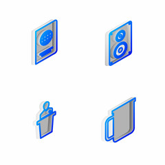 Poster - Set Isometric line Stereo speaker, Passport, Speaker and Coffee cup icon. Vector