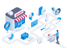 Isometric Vector Illustration On A White Background, A Man With A Shopping Cart Walks Along The Path To The Store Through The Icons, The Journey Of The Customer To Make A Purchase