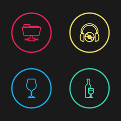 Sticker - Set line Wine glass, bottle with, Headphones and CD or DVD and FTP folder icon. Vector