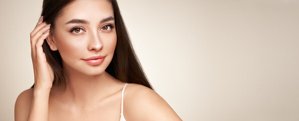 portrait beautiful young woman with clean fresh skin. model with healthy skin, close up portrait. co