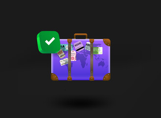 Aufkleber - Violet travel suitcase with checkmark icon. 3d vector illustration